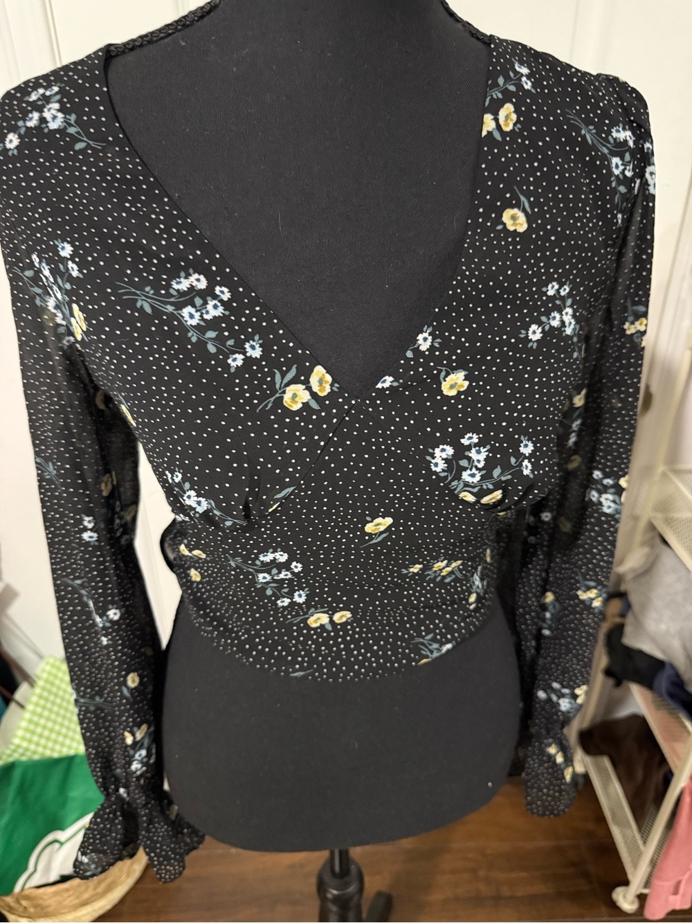 Dynamite Black Floral Wrap Blouse with Yellow and Blue Accents